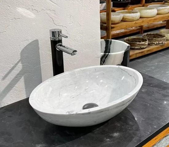 Furniture Luxury Oval White Marble Basin Stone Bathroom Sink