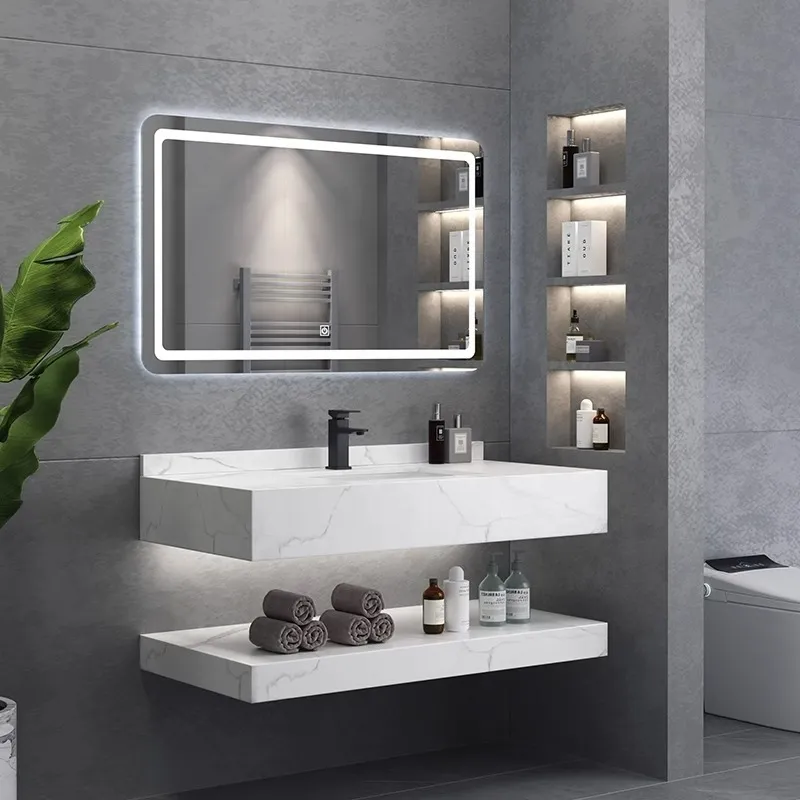 Luxury Marble Sanitary Ware Bathroom Vanity with LED Mirror New Design Rock Slate Bathroom Vanity Cabinet with Ceramic Basin and Towel Shelf