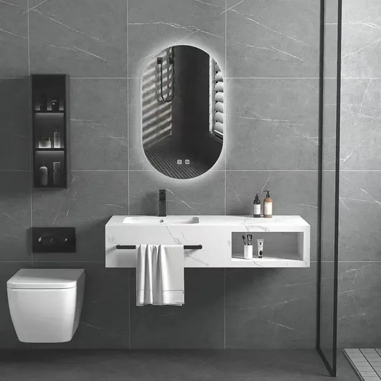 Luxury Marble Sanitary Ware Bathroom Vanity with LED Mirror New Design Rock Slate Bathroom Vanity Cabinet with Ceramic Basin and Towel Shelf