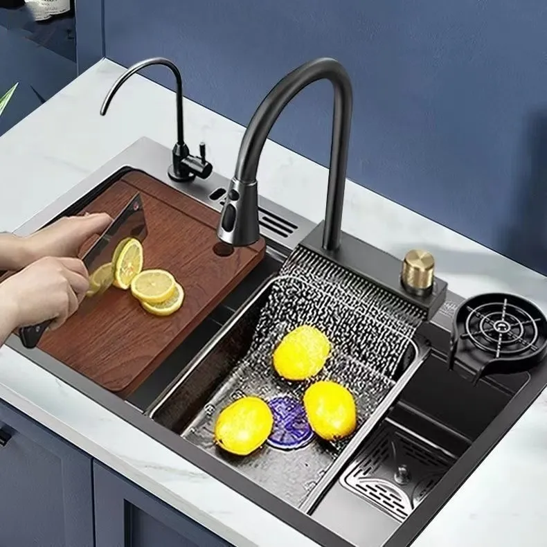 Black Luxury Modern 304 Stainless Steel Multifunctional Waterfall Kitchen Sink