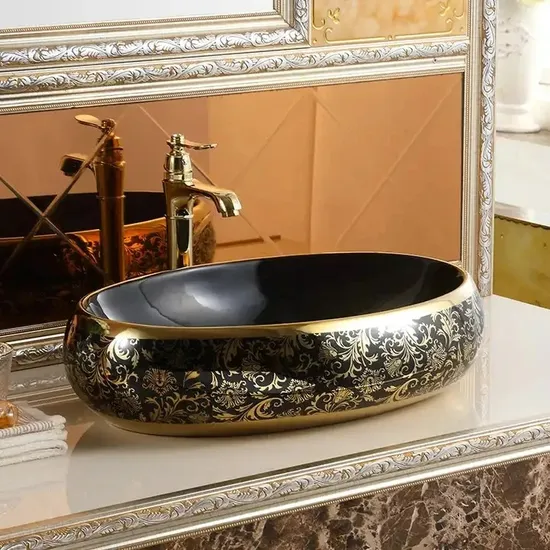 High Quality Luxury Modern Art Basin Sanitary Ware Ceramic Gold Black Bathroom Sink Counter Top Hand Wash Basin