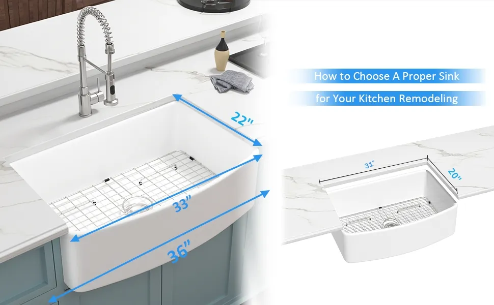 33&prime;&prime; X 20&prime;&prime; Farmhouse Kitchen Sink Curved Apron Front White Fireclay Ceramic Porcelain Single Bowl Farmer Kitchen Sink Basin