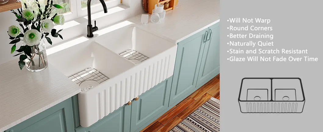33 Inch Double Bowl White Kitchen Sink Apron Front Ceramic Porcelain Fireclay Farm Deep Sinks