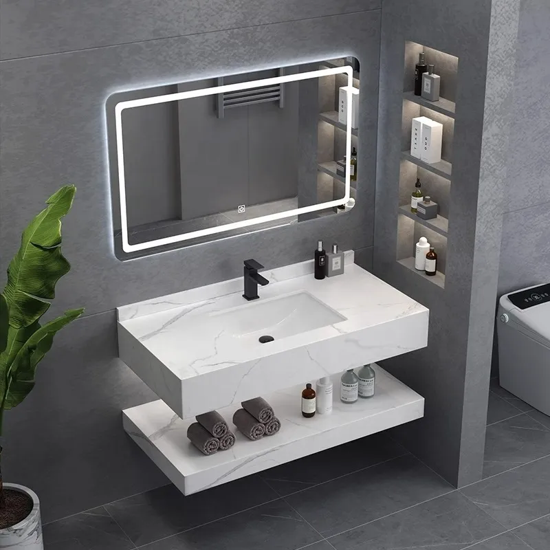Luxury Marble Sanitary Ware Bathroom Vanity with LED Mirror New Design Rock Slate Bathroom Vanity Cabinet with Ceramic Basin and Towel Shelf