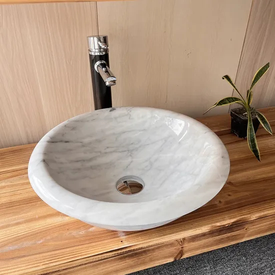 Integrated White Real White Marble Single Sink Countertop Vessel Basin