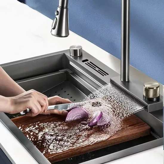 Black Luxury Modern 304 Stainless Steel Multifunctional Waterfall Kitchen Sink