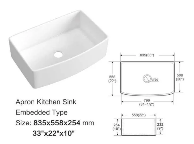 33&prime;&prime; X 20&prime;&prime; Farmhouse Kitchen Sink Curved Apron Front White Fireclay Ceramic Porcelain Single Bowl Farmer Kitchen Sink Basin