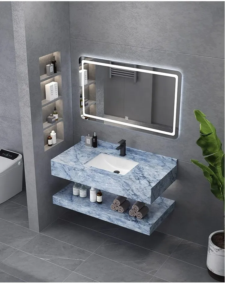 Luxury Marble Sanitary Ware Bathroom Vanity with LED Mirror New Design Rock Slate Bathroom Vanity Cabinet with Ceramic Basin and Towel Shelf