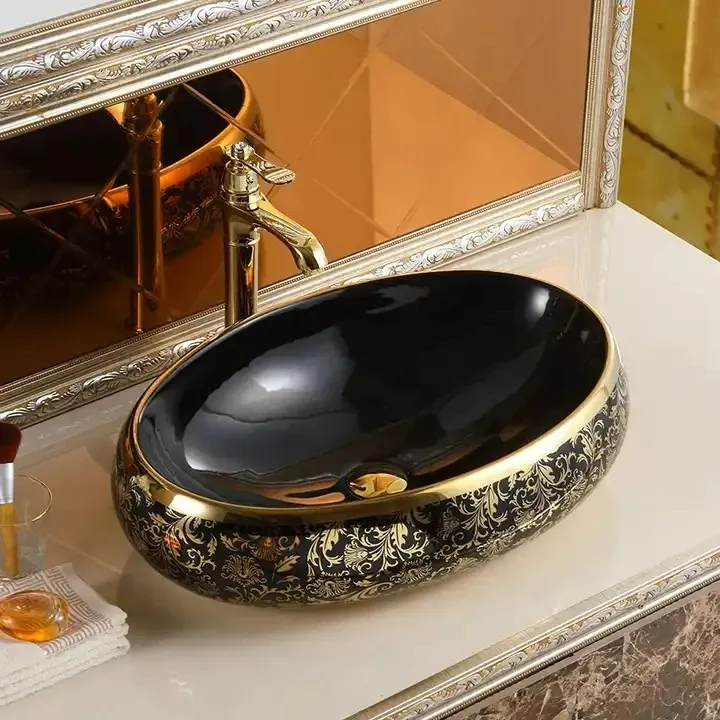 High Quality Luxury Modern Art Basin Sanitary Ware Ceramic Gold Black Bathroom Sink Counter Top Hand Wash Basin