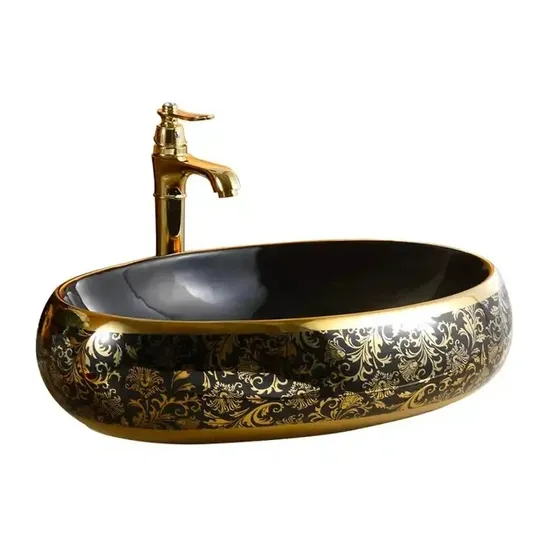 High Quality Luxury Modern Art Basin Sanitary Ware Ceramic Gold Black Bathroom Sink Counter Top Hand Wash Basin