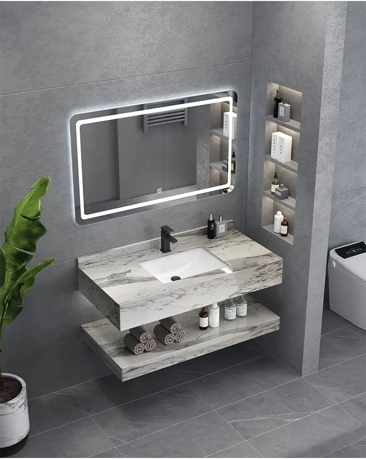 Luxury Marble Sanitary Ware Bathroom Vanity with LED Mirror New Design Rock Slate Bathroom Vanity Cabinet with Ceramic Basin and Towel Shelf