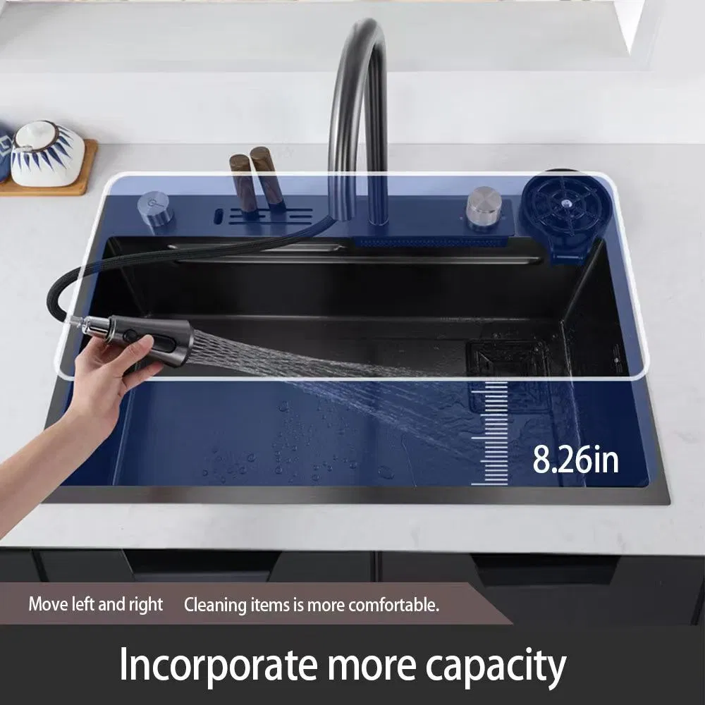 Black Luxury Modern 304 Stainless Steel Multifunctional Waterfall Kitchen Sink