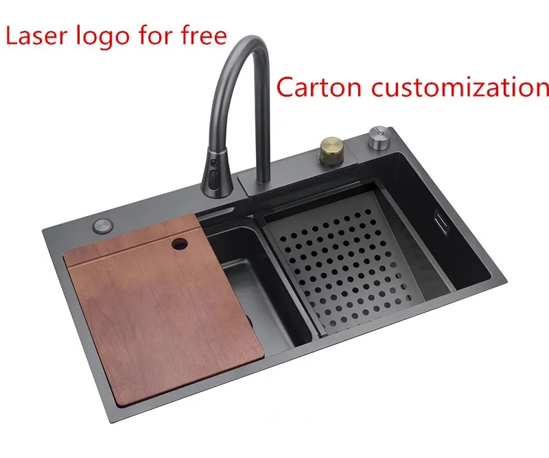 Black Luxury Modern 304 Stainless Steel Multifunctional Waterfall Kitchen Sink