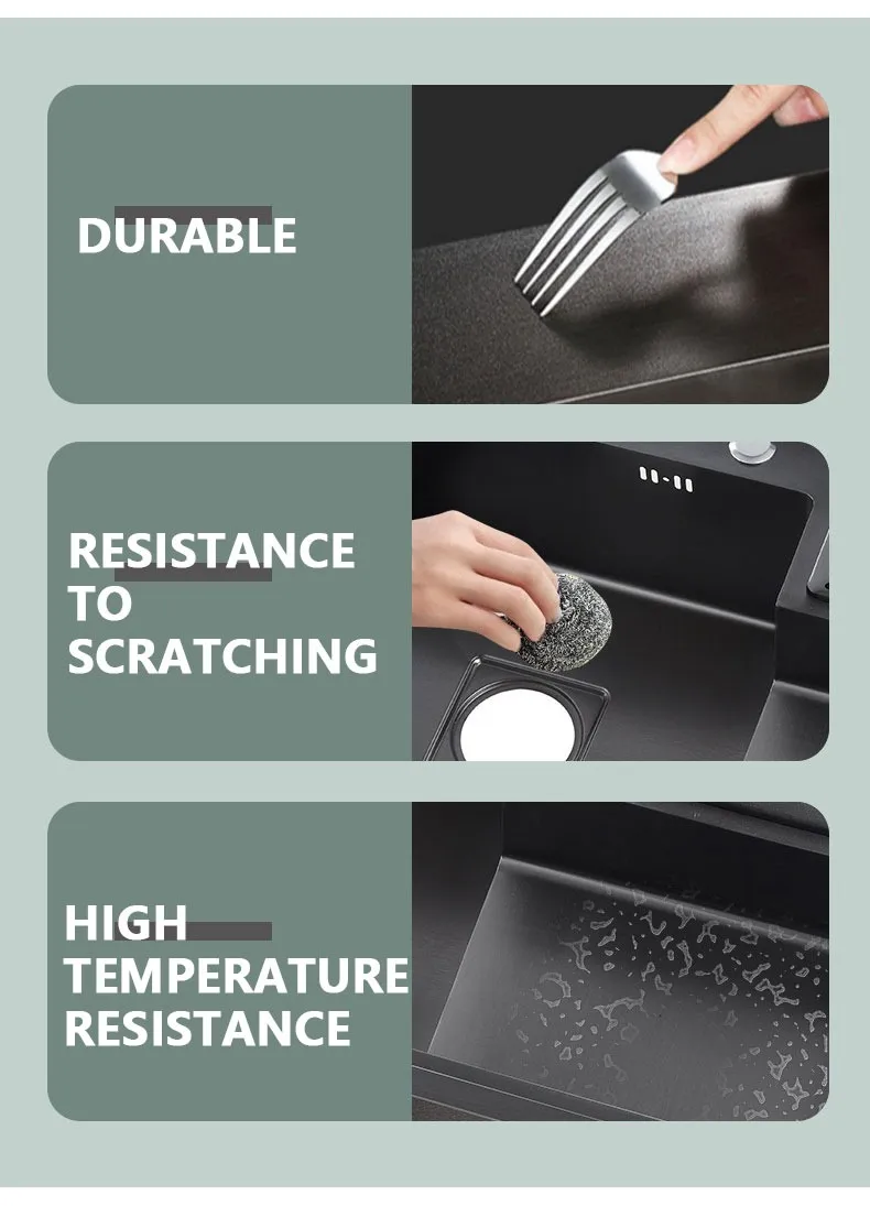 Black Luxury Modern 304 Stainless Steel Multifunctional Waterfall Kitchen Sink