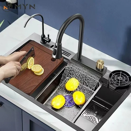Nano Step Kitchen Sink 304 Stainless Steel Handmade Waterfall Faucet Knife Holder Kitchen Sinks