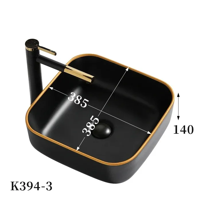 High Quality Luxury Modern Art Basin Sanitary Ware Ceramic Gold Black Bathroom Sink Counter Top Hand Wash Basin