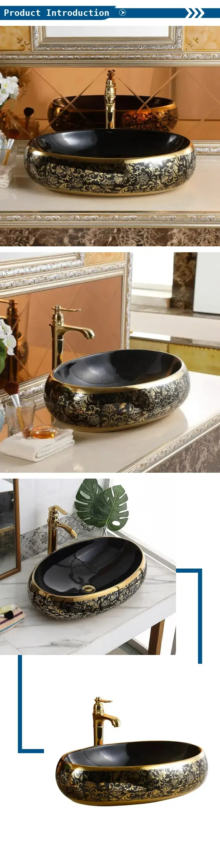 High Quality Luxury Modern Art Basin Sanitary Ware Ceramic Gold Black Bathroom Sink Counter Top Hand Wash Basin