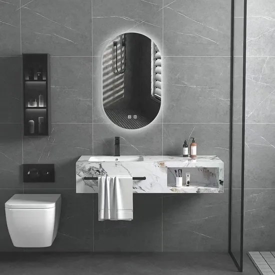 Luxury Marble Sanitary Ware Bathroom Vanity with LED Mirror New Design Rock Slate Bathroom Vanity Cabinet with Ceramic Basin and Towel Shelf