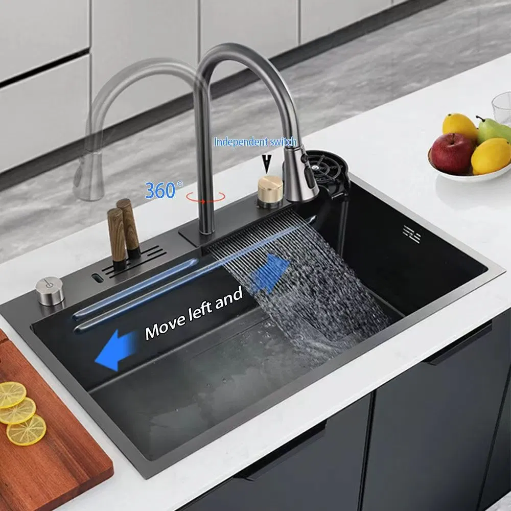 Black Luxury Modern 304 Stainless Steel Multifunctional Waterfall Kitchen Sink