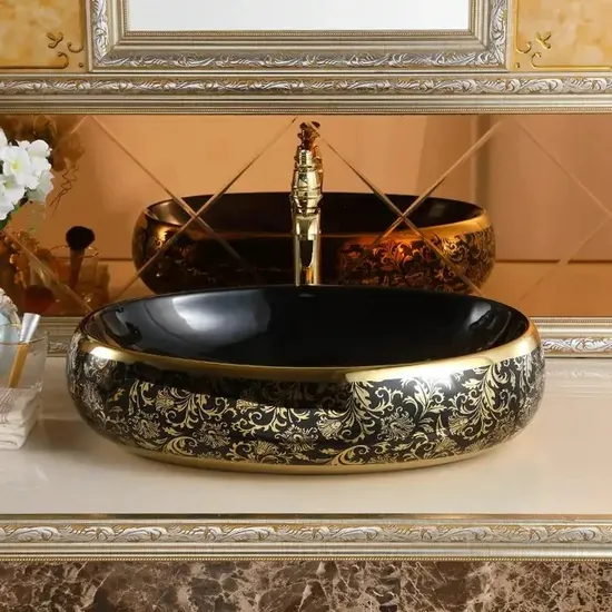 High Quality Luxury Modern Art Basin Sanitary Ware Ceramic Gold Black Bathroom Sink Counter Top Hand Wash Basin