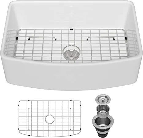 33&prime;&prime; X 20&prime;&prime; Farmhouse Kitchen Sink Curved Apron Front White Fireclay Ceramic Porcelain Single Bowl Farmer Kitchen Sink Basin