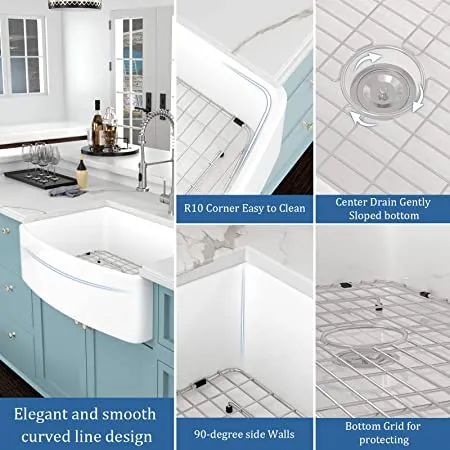 33′′ X 20′′ Farmhouse Kitchen Sink Curved Apron Front White Fireclay Ceramic Porcelain Single Bowl Farmer Kitchen Sink Basin