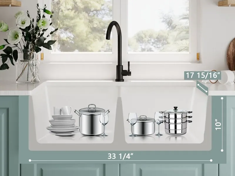 33 Inch Double Bowl White Kitchen Sink Apron Front Ceramic Porcelain Fireclay Farm Deep Sinks