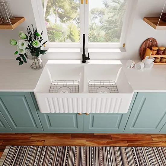 33 Inch Double Bowl White Kitchen Sink Apron Front Ceramic Porcelain Fireclay Farm Deep Sinks