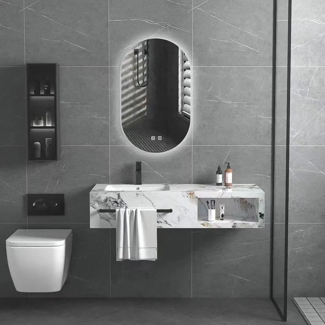 Luxury Marble Sanitary Ware Bathroom Vanity with LED Mirror New Design Rock Slate Bathroom Vanity Cabinet with Ceramic Basin and Towel Shelf