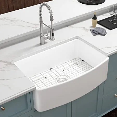 33′′ X 20′′ Farmhouse Kitchen Sink Curved Apron Front White Fireclay Ceramic Porcelain Single Bowl Farmer Kitchen Sink Basin