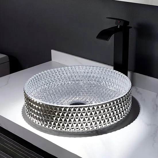 Sanitary Ware Light Luxury Crystal Glass Bowl Sink Wash Basin Hotel Furniture Small Makeup Table Household Bathroom Circular Glass Countertop Wash Basin