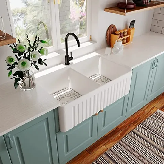 33 Inch Double Bowl White Kitchen Sink Apron Front Ceramic Porcelain Fireclay Farm Deep Sinks