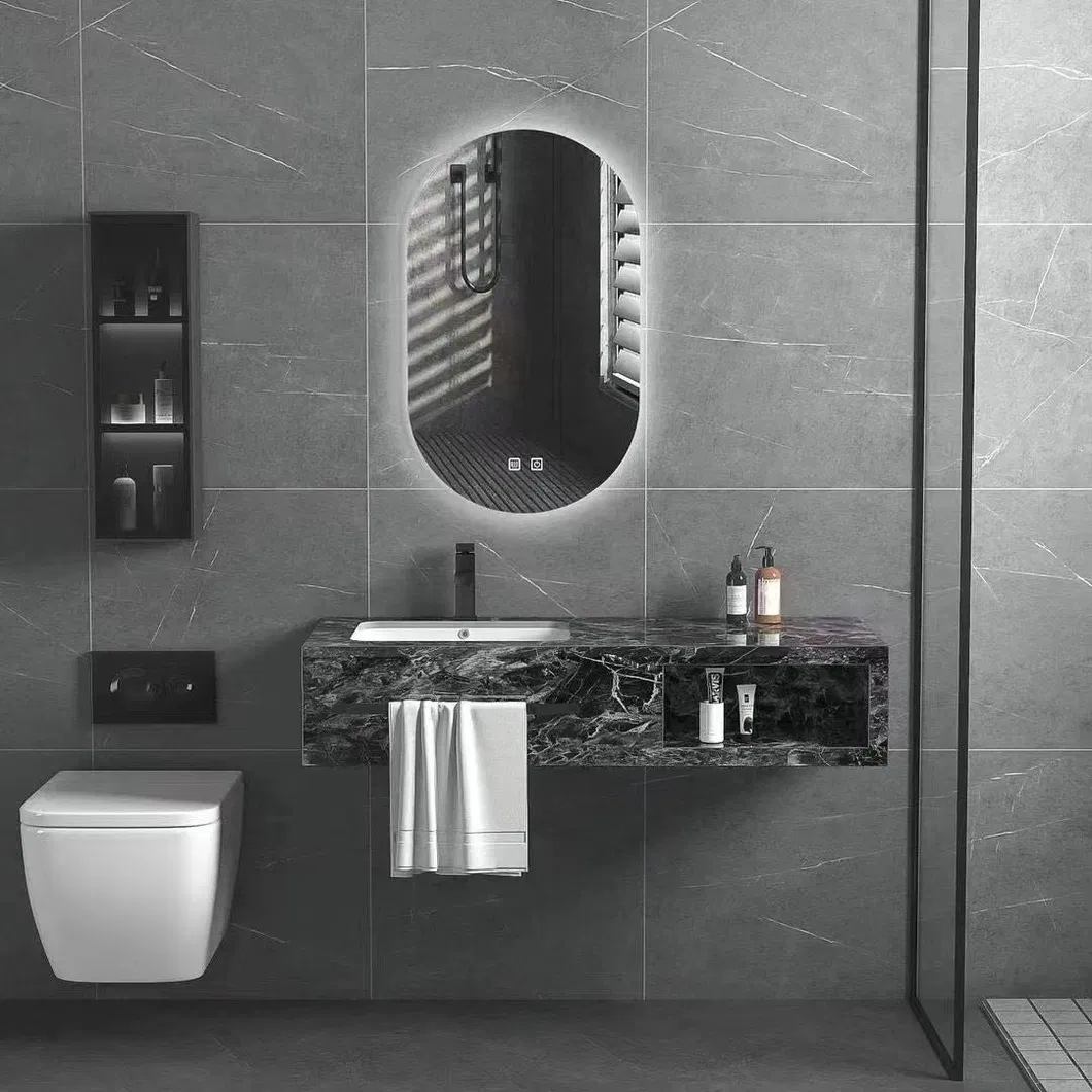 Luxury Marble Sanitary Ware Bathroom Vanity with LED Mirror New Design Rock Slate Bathroom Vanity Cabinet with Ceramic Basin and Towel Shelf