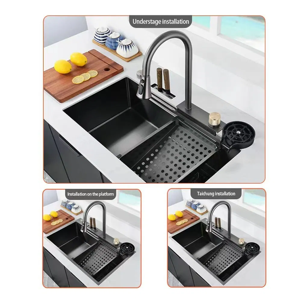 Black Luxury Modern 304 Stainless Steel Multifunctional Waterfall Kitchen Sink