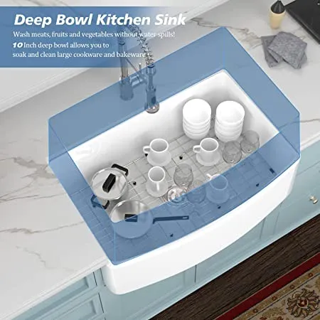 33&prime;&prime; X 20&prime;&prime; Farmhouse Kitchen Sink Curved Apron Front White Fireclay Ceramic Porcelain Single Bowl Farmer Kitchen Sink Basin