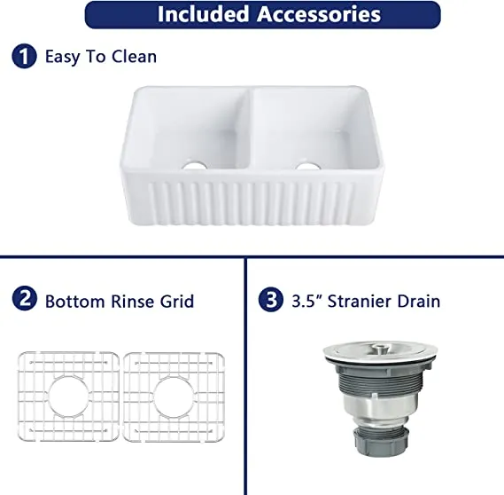 33 Inch Double Bowl White Kitchen Sink Apron Front Ceramic Porcelain Fireclay Farm Deep Sinks
