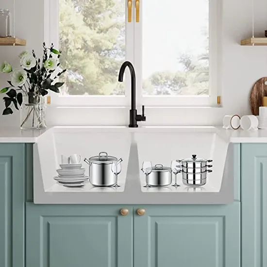33 Inch Double Bowl White Kitchen Sink Apron Front Ceramic Porcelain Fireclay Farm Deep Sinks