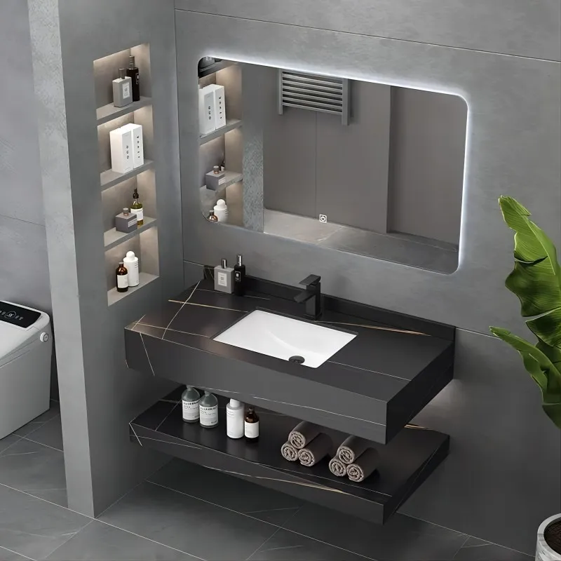 Luxury Marble Sanitary Ware Bathroom Vanity with LED Mirror New Design Rock Slate Bathroom Vanity Cabinet with Ceramic Basin and Towel Shelf