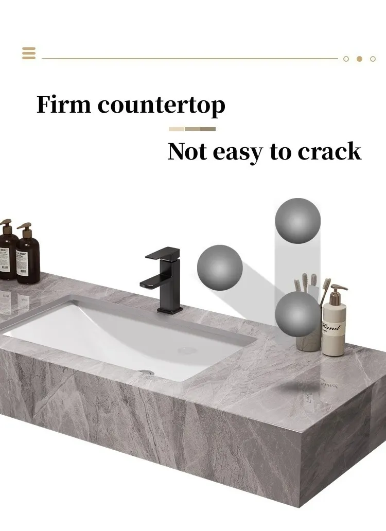Luxury Marble Sanitary Ware Bathroom Vanity with LED Mirror New Design Rock Slate Bathroom Vanity Cabinet with Ceramic Basin and Towel Shelf