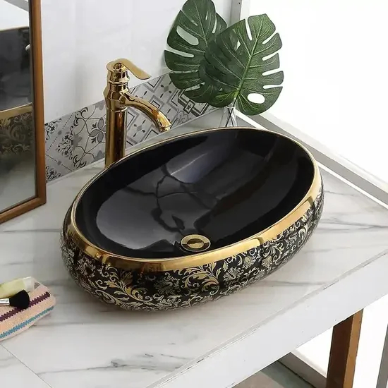 High Quality Luxury Modern Art Basin Sanitary Ware Ceramic Gold Black Bathroom Sink Counter Top Hand Wash Basin