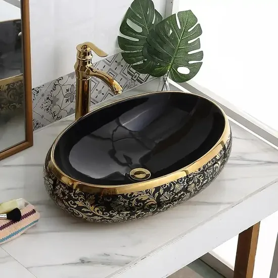 High Quality Luxury Modern Art Basin Sanitary Ware Ceramic Gold Black Bathroom Sink Counter Top Hand Wash Basin