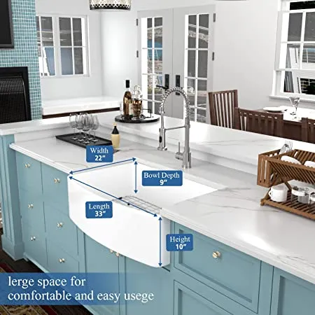 33′′ X 20′′ Farmhouse Kitchen Sink Curved Apron Front White Fireclay Ceramic Porcelain Single Bowl Farmer Kitchen Sink Basin
