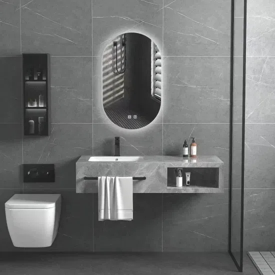 Luxury Marble Sanitary Ware Bathroom Vanity with LED Mirror New Design Rock Slate Bathroom Vanity Cabinet with Ceramic Basin and Towel Shelf