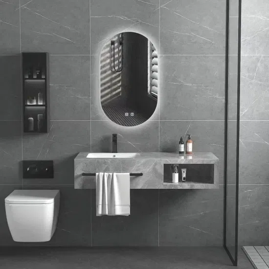 Luxury Marble Sanitary Ware Bathroom Vanity with LED Mirror New Design Rock Slate Bathroom Vanity Cabinet with Ceramic Basin and Towel Shelf