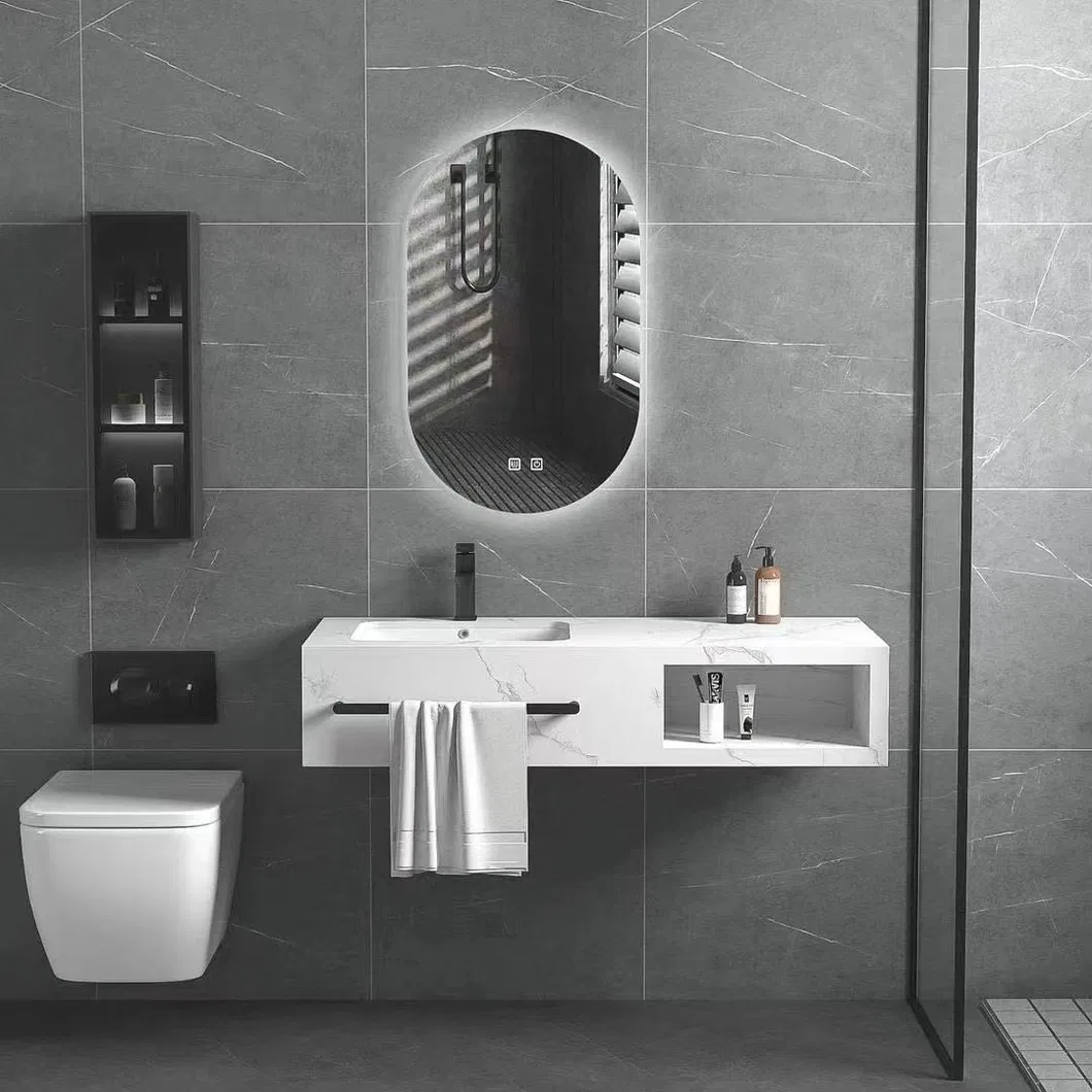 Luxury Marble Sanitary Ware Bathroom Vanity with LED Mirror New Design Rock Slate Bathroom Vanity Cabinet with Ceramic Basin and Towel Shelf