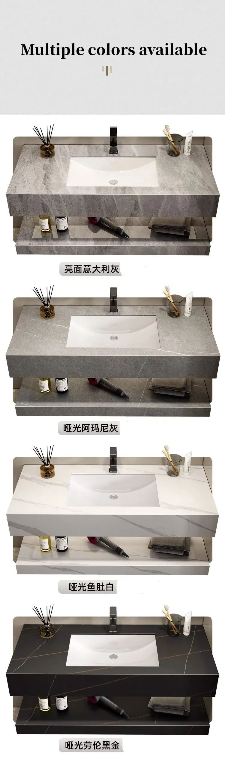 Luxury Marble Sanitary Ware Bathroom Vanity with LED Mirror New Design Rock Slate Bathroom Vanity Cabinet with Ceramic Basin and Towel Shelf