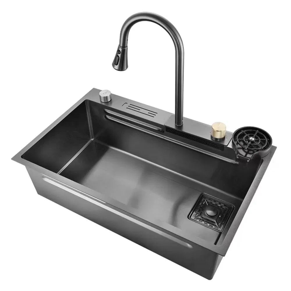 Black Luxury Modern 304 Stainless Steel Multifunctional Waterfall Kitchen Sink