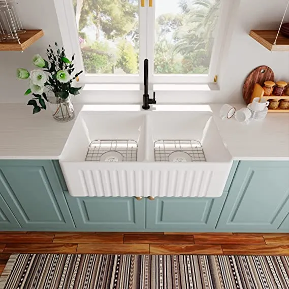 33 Inch Double Bowl White Kitchen Sink Apron Front Ceramic Porcelain Fireclay Farm Deep Sinks