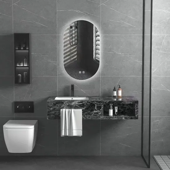 Luxury Marble Sanitary Ware Bathroom Vanity with LED Mirror New Design Rock Slate Bathroom Vanity Cabinet with Ceramic Basin and Towel Shelf