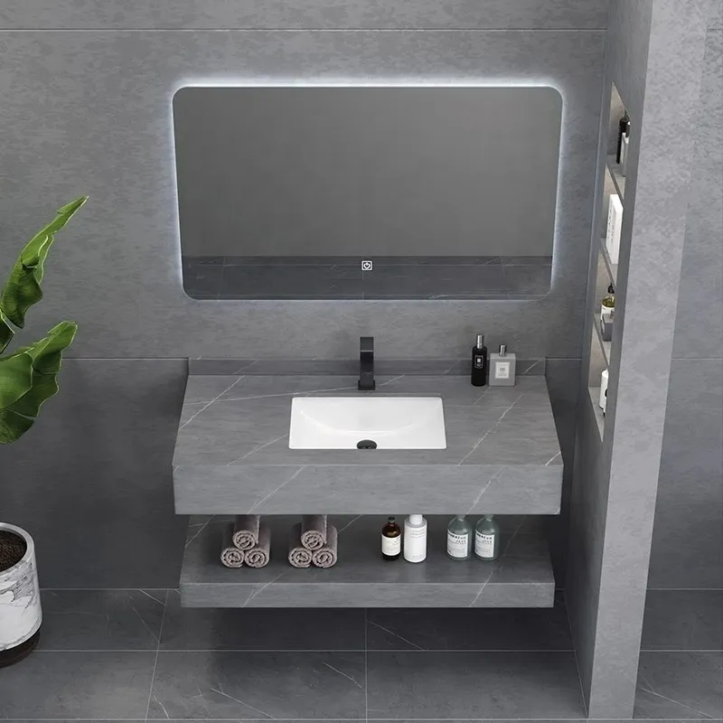 Luxury Marble Sanitary Ware Bathroom Vanity with LED Mirror New Design Rock Slate Bathroom Vanity Cabinet with Ceramic Basin and Towel Shelf